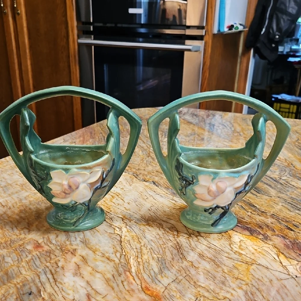ROSEVILLE Vintage Pottery Magnolia Basket Vase Planter Pots SET of 2 #383-7